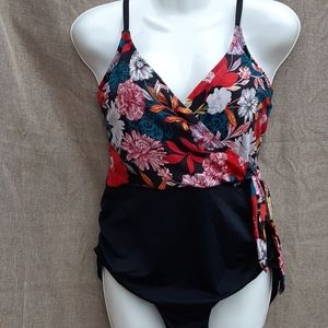 Pretty black with red tan floral design one piece swimsuit size XL